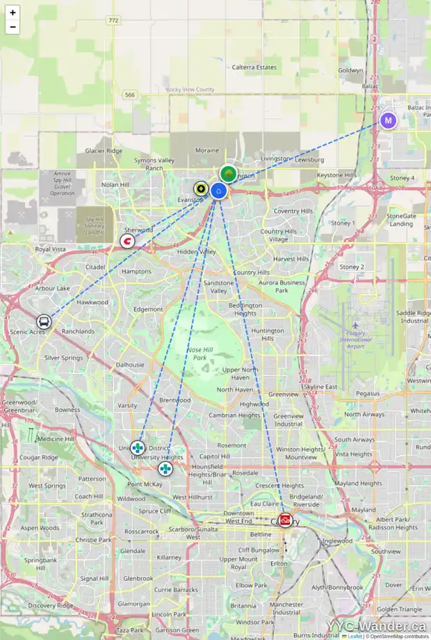 Daily accessibility map for 129 EVANSDALE LD NW, Calgary showing nearby schools, grocery stores, parks, LRT stations and nearby amenities
