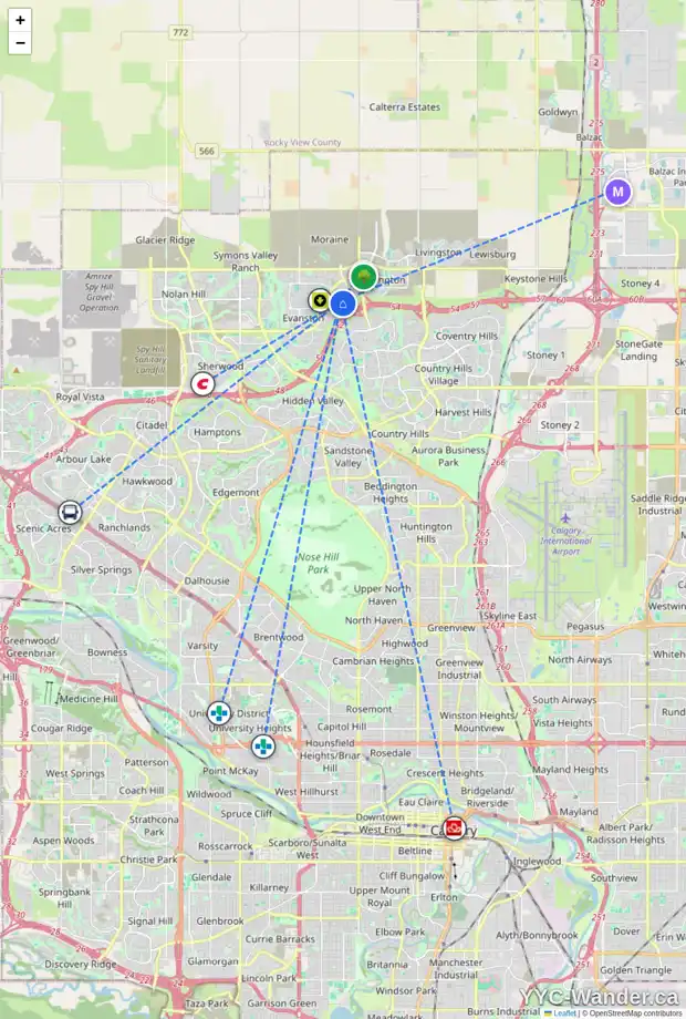 Daily accessibility map for 209 EVANSDALE LD NW, Calgary showing nearby schools, grocery stores, parks, LRT stations and nearby amenities