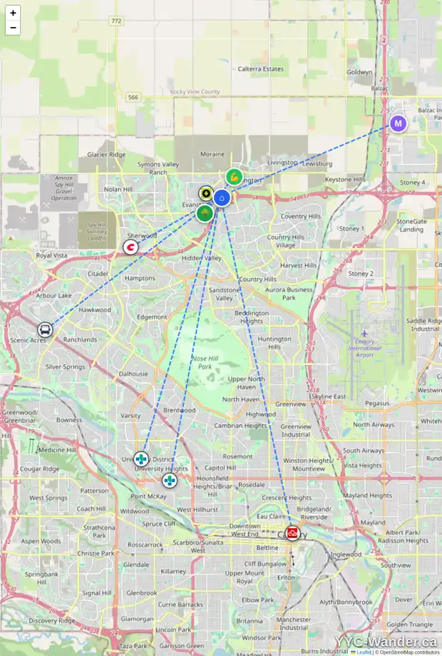 Daily accessibility map for 64 EVANSDALE LD NW, Calgary showing nearby schools, grocery stores, parks, LRT stations and nearby amenities