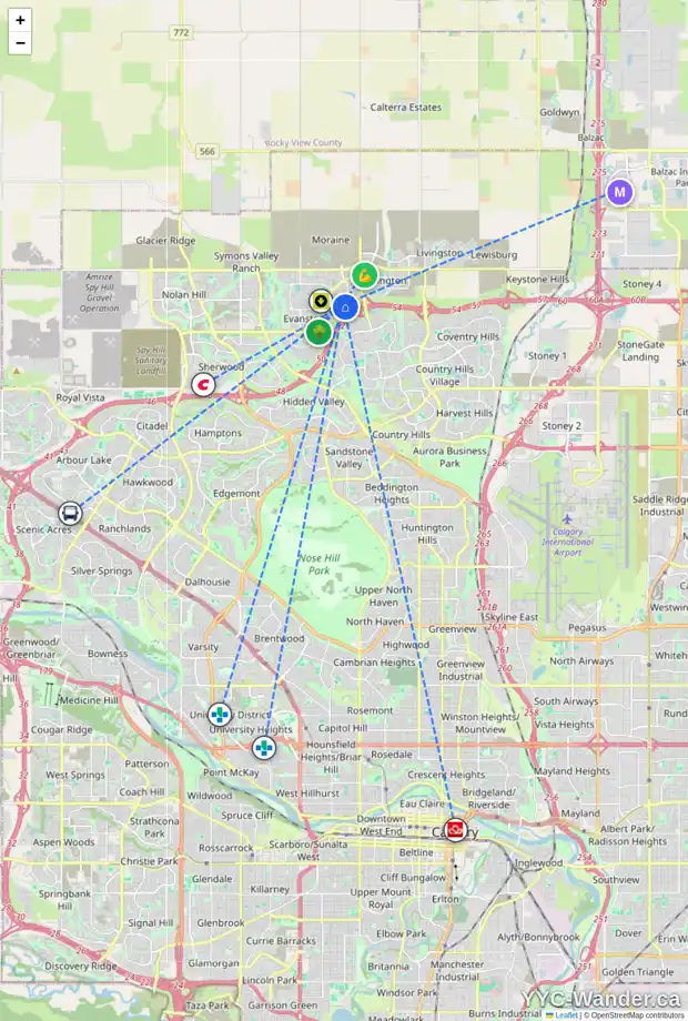 Daily accessibility map for 68 EVANSDALE LD NW, Calgary showing nearby schools, grocery stores, parks, LRT stations and nearby amenities