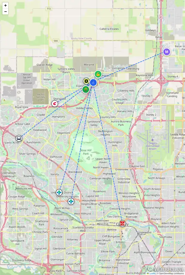 Daily accessibility map for 84 EVANSDALE LD NW, Calgary showing nearby schools, grocery stores, parks, LRT stations and nearby amenities