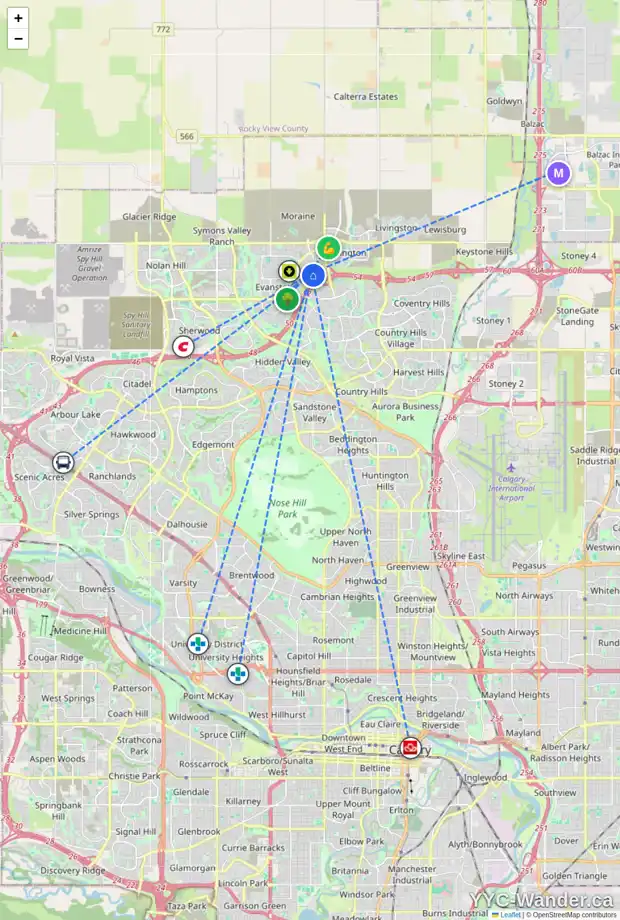 Daily accessibility map for 96 EVANSDALE LD NW, Calgary showing nearby schools, grocery stores, parks, LRT stations and nearby amenities