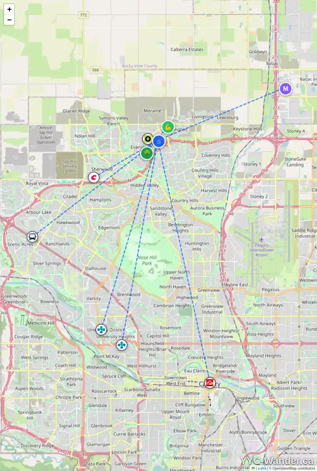 Daily accessibility map for 220 EVANSDALE LD NW, Calgary showing nearby schools, grocery stores, parks, LRT stations and nearby amenities