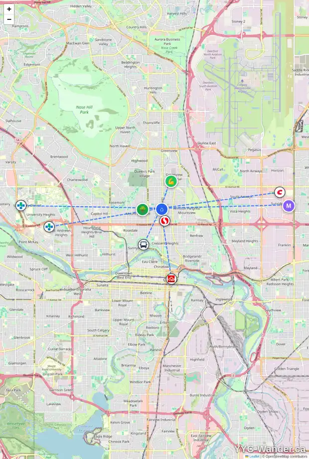 Daily accessibility map for 151 23 AV NW, Calgary showing nearby schools, grocery stores, parks, LRT stations and nearby amenities