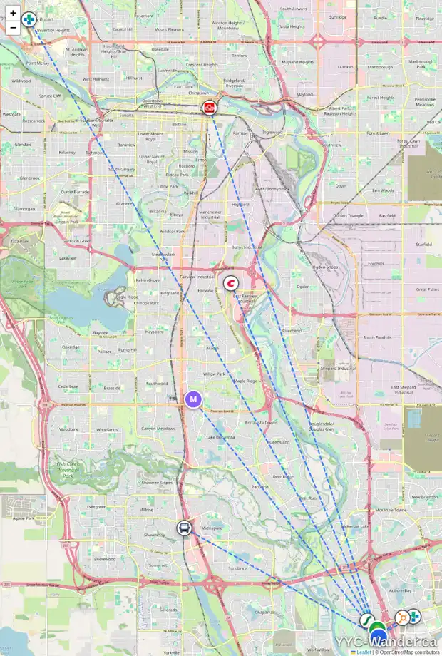 Daily accessibility map for 32 CRANARCH BA SE, Calgary showing nearby schools, grocery stores, parks, LRT stations and nearby amenities