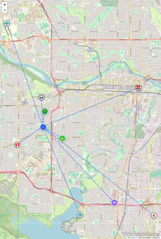 Daily accessibility map for 2702 28 AV SW, Calgary showing nearby schools, grocery stores, parks, LRT stations and nearby amenities