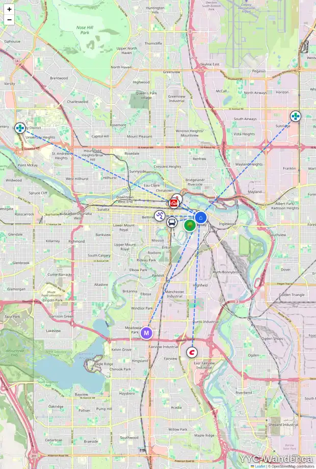 Daily accessibility map for 1034 8 ST SE, Calgary showing nearby schools, grocery stores, parks, LRT stations and nearby amenities