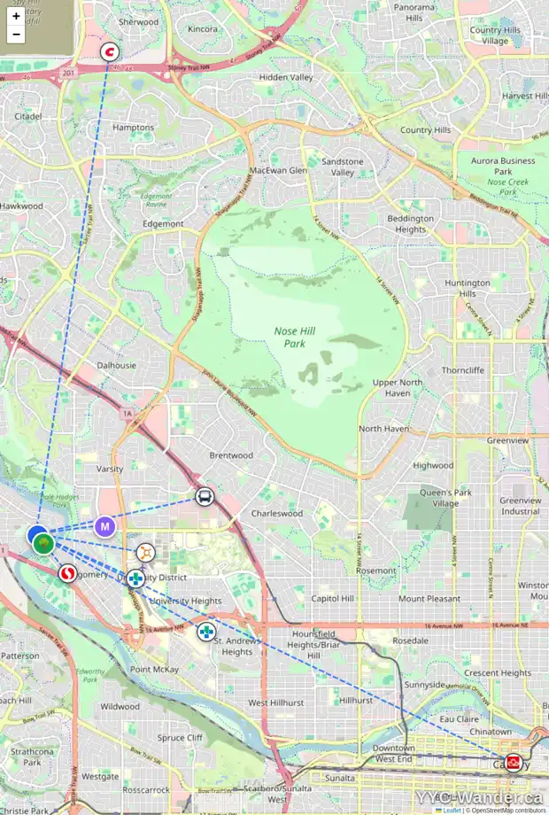 Daily accessibility map for 5827 BOWNESS RD NW, Calgary showing nearby schools, grocery stores, parks, LRT stations and nearby amenities