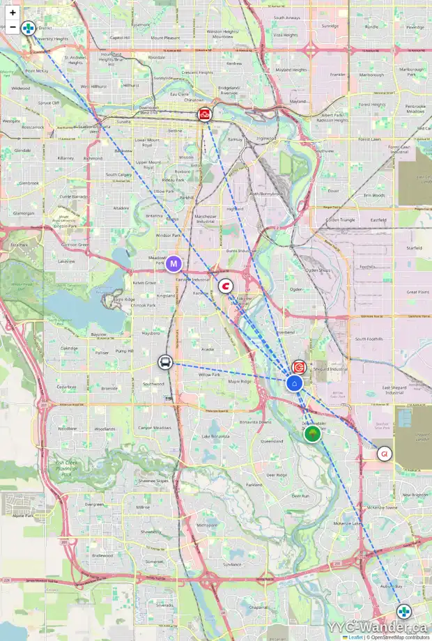 Daily accessibility map for 216 QUARRY GR SE, Calgary showing nearby schools, grocery stores, parks, LRT stations and nearby amenities
