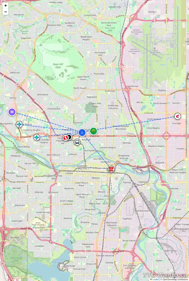 Daily accessibility map for 1139 19 AV NW, Calgary showing nearby schools, grocery stores, parks, LRT stations and nearby amenities