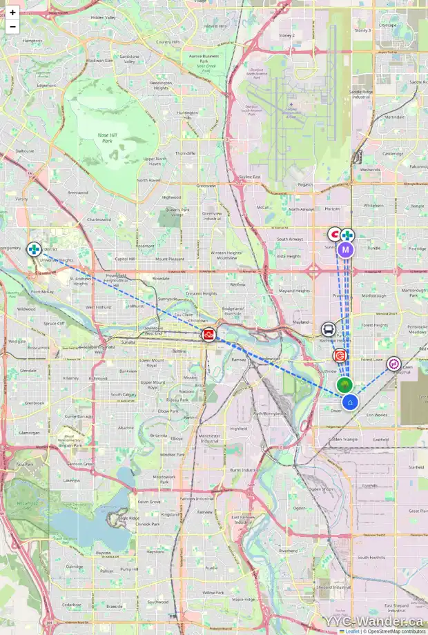 Daily accessibility map for 3448 33A AV SE, Calgary showing nearby schools, grocery stores, parks, LRT stations and nearby amenities