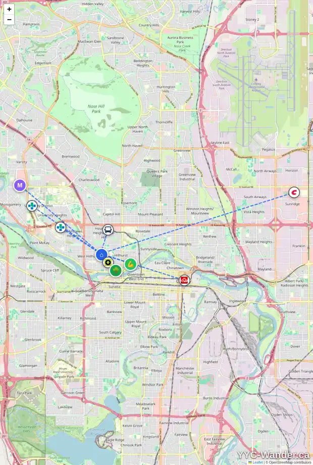 Daily accessibility map for 2033 4 AV NW, Calgary showing nearby schools, grocery stores, parks, LRT stations and nearby amenities