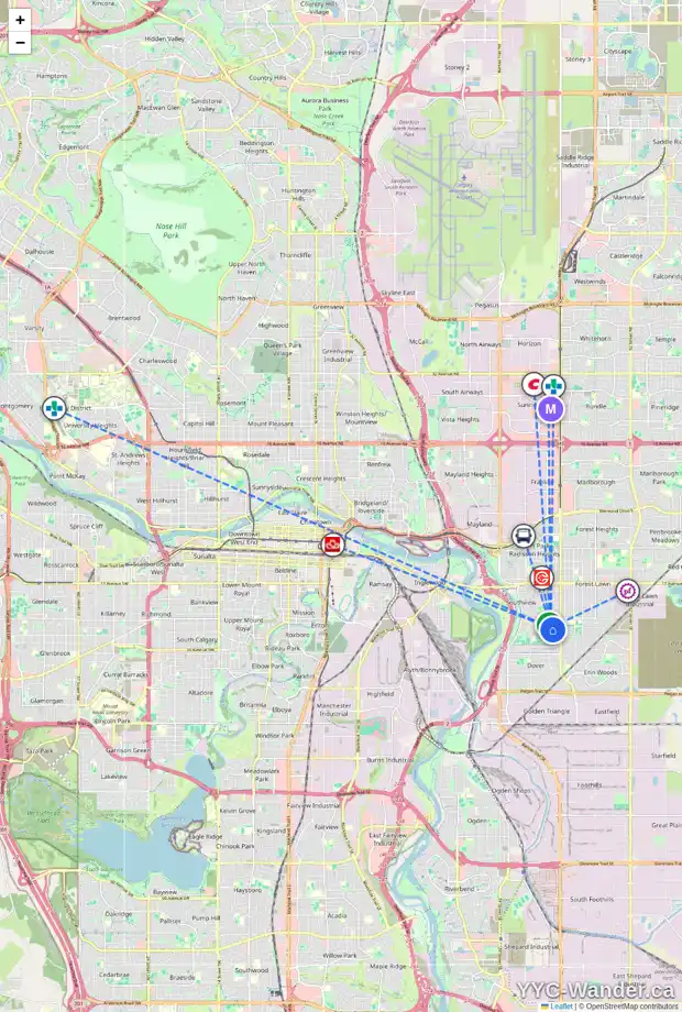 Daily accessibility map for 3008 33A ST SE, Calgary showing nearby schools, grocery stores, parks, LRT stations and nearby amenities