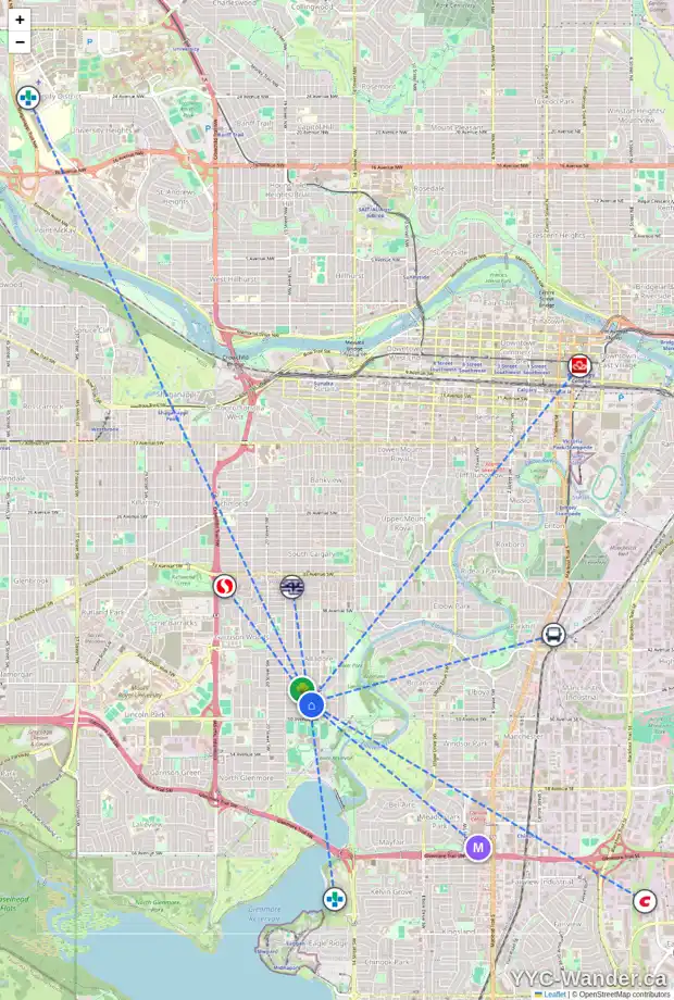 Daily accessibility map for 1731 48 AV SW, Calgary showing nearby schools, grocery stores, parks, LRT stations and nearby amenities
