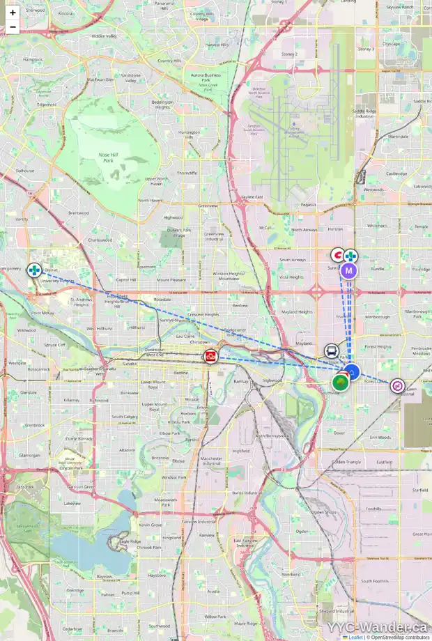 Daily accessibility map for 1336 34 ST SE, Calgary showing nearby schools, grocery stores, parks, LRT stations and nearby amenities