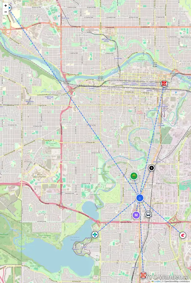 Daily accessibility map for 404 56 AV SW, Calgary showing nearby schools, grocery stores, parks, LRT stations and nearby amenities