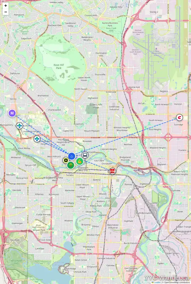 Daily accessibility map for 409 16 ST NW, Calgary showing nearby schools, grocery stores, parks, LRT stations and nearby amenities