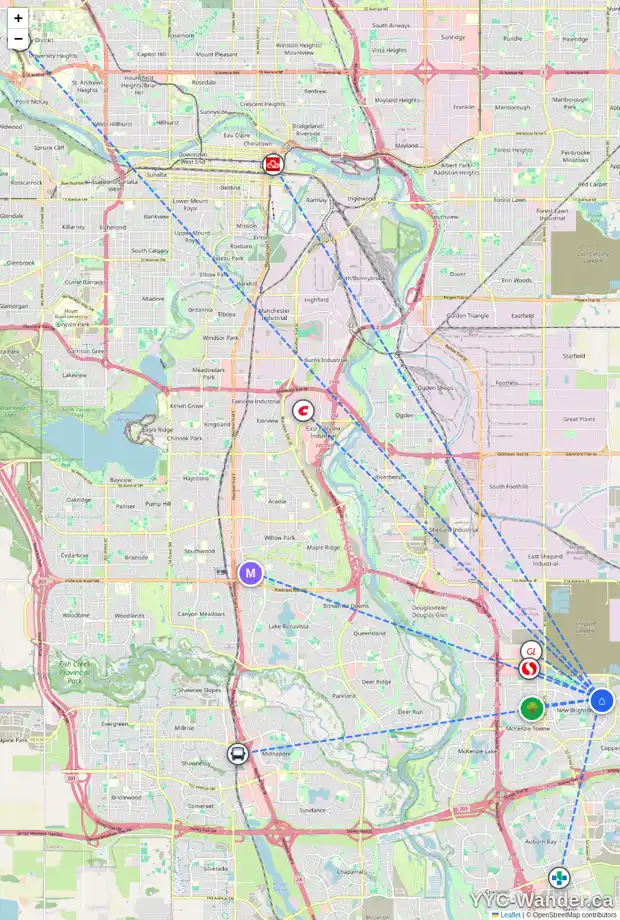 Daily accessibility map for 807 NEW BRIGHTON DR SE, Calgary showing nearby schools, grocery stores, parks, LRT stations and nearby amenities
