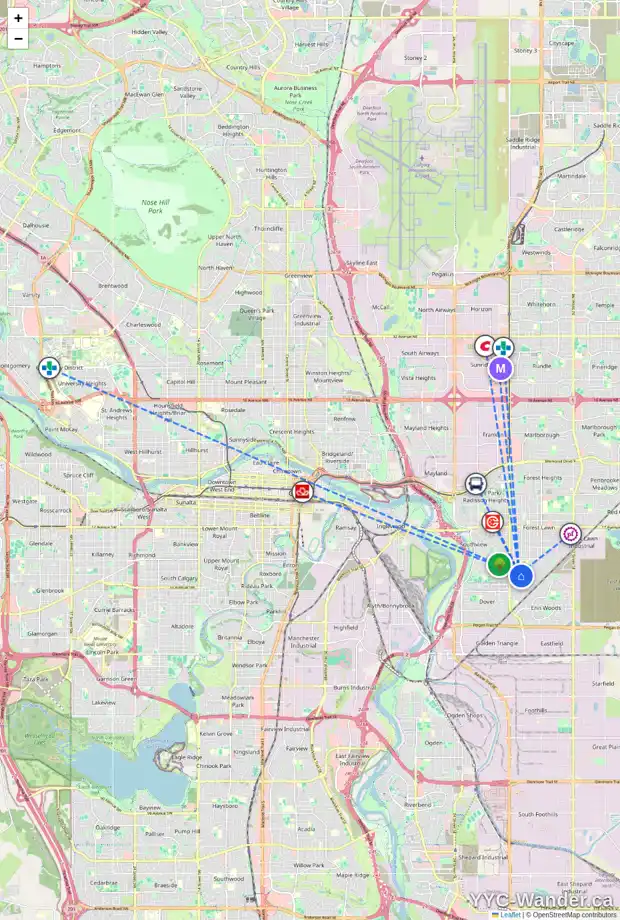 Daily accessibility map for 3916 30 AV SE, Calgary showing nearby schools, grocery stores, parks, LRT stations and nearby amenities