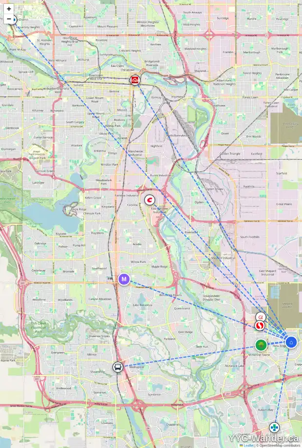 Daily accessibility map for 736 NEW BRIGHTON DR SE, Calgary showing nearby schools, grocery stores, parks, LRT stations and nearby amenities