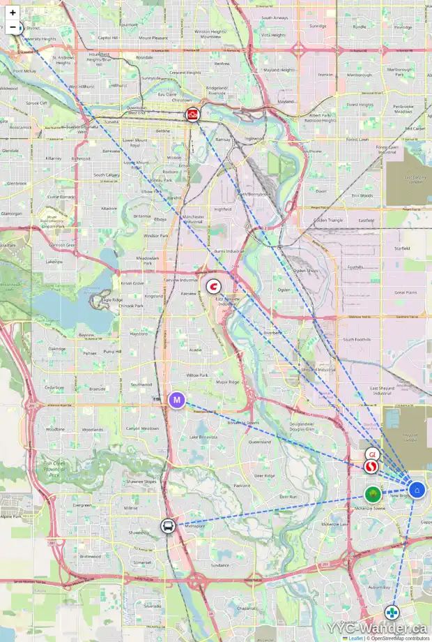 Daily accessibility map for 748 NEW BRIGHTON DR SE, Calgary showing nearby schools, grocery stores, parks, LRT stations and nearby amenities