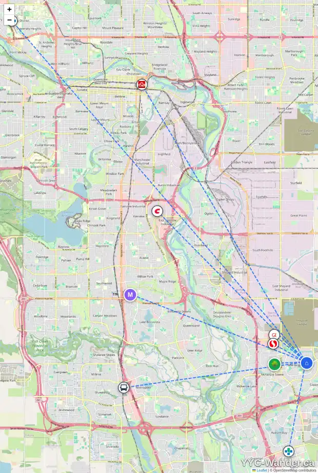 Daily accessibility map for 67 BRIGHTONCREST TC SE, Calgary showing nearby schools, grocery stores, parks, LRT stations and nearby amenities