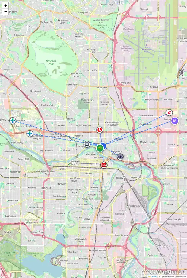 Daily accessibility map for 202 224 6 AV NE, Calgary showing nearby schools, grocery stores, parks, LRT stations and nearby amenities