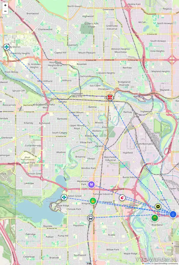 Daily accessibility map for 8022 24 ST SE, Calgary showing nearby schools, grocery stores, parks, LRT stations and nearby amenities
