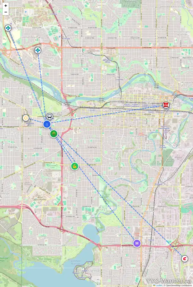 Daily accessibility map for 1713 27 ST SW, Calgary showing nearby schools, grocery stores, parks, LRT stations and nearby amenities