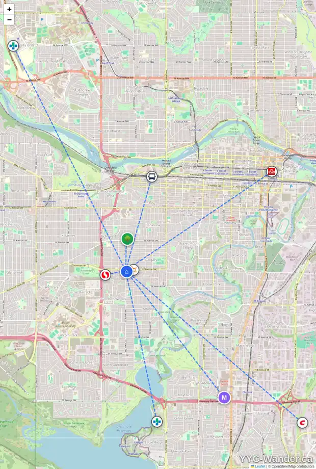 Daily accessibility map for 609 3410 20 ST SW, Calgary showing nearby schools, grocery stores, parks, LRT stations and nearby amenities