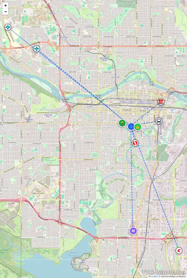 Daily accessibility map for 303 1730 5A ST SW, Calgary showing nearby schools, grocery stores, parks, LRT stations and nearby amenities
