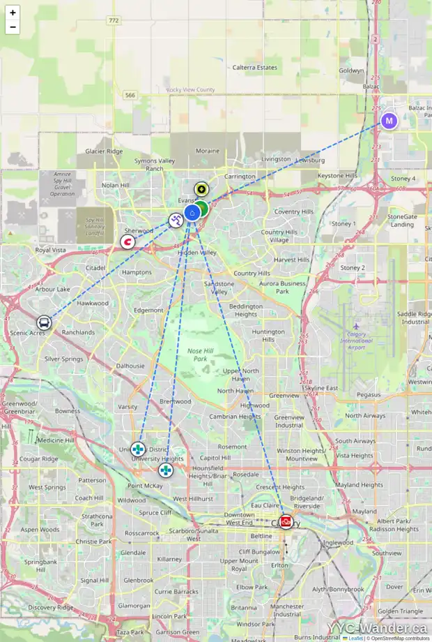 Daily accessibility map for 6 EVANSCOVE MR NW, Calgary showing nearby schools, grocery stores, parks, LRT stations and nearby amenities