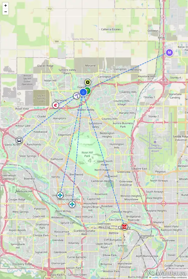 Daily accessibility map for 120 EVANSCOVE MR NW, Calgary showing nearby schools, grocery stores, parks, LRT stations and nearby amenities