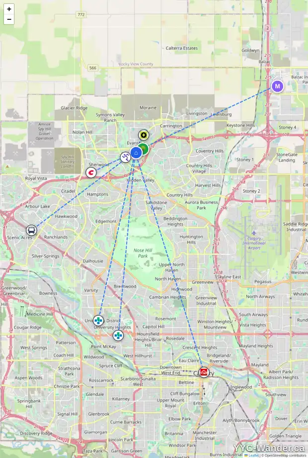 Daily accessibility map for 29 EVANSCOVE MR NW, Calgary showing nearby schools, grocery stores, parks, LRT stations and nearby amenities