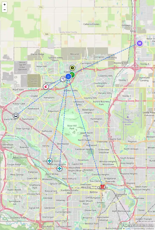 Daily accessibility map for 41 EVANSCOVE MR NW, Calgary showing nearby schools, grocery stores, parks, LRT stations and nearby amenities