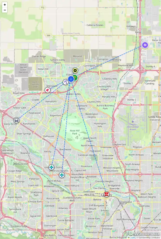Daily accessibility map for 73 EVANSCOVE MR NW, Calgary showing nearby schools, grocery stores, parks, LRT stations and nearby amenities