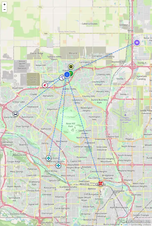 Daily accessibility map for 81 EVANSCOVE MR NW, Calgary showing nearby schools, grocery stores, parks, LRT stations and nearby amenities