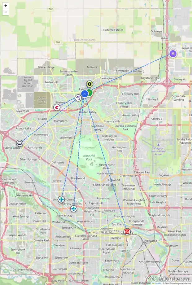 Daily accessibility map for 89 EVANSCOVE MR NW, Calgary showing nearby schools, grocery stores, parks, LRT stations and nearby amenities