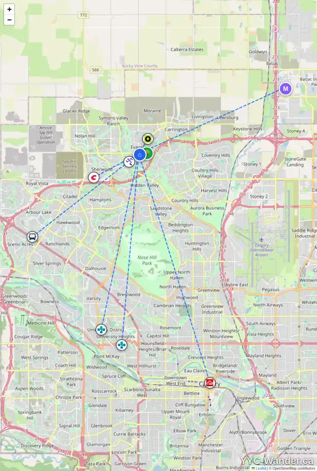 Daily accessibility map for 101 EVANSCOVE MR NW, Calgary showing nearby schools, grocery stores, parks, LRT stations and nearby amenities