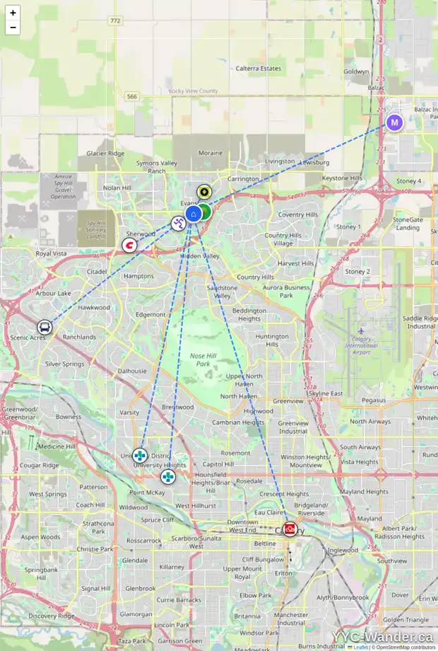 Daily accessibility map for 107 EVANSCOVE MR NW, Calgary showing nearby schools, grocery stores, parks, LRT stations and nearby amenities