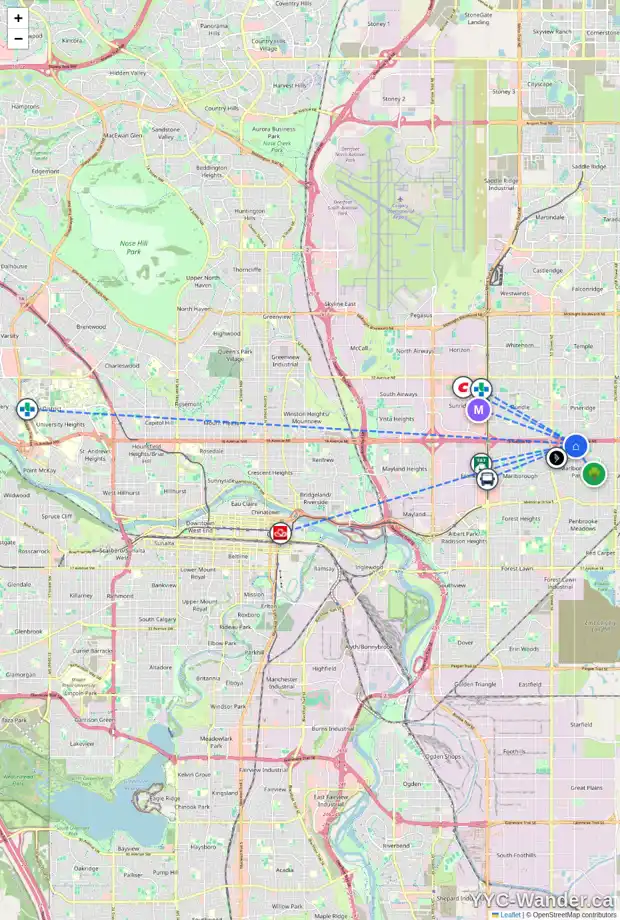 Daily accessibility map for 239 MANORA DR NE, Calgary showing nearby schools, grocery stores, parks, LRT stations and nearby amenities