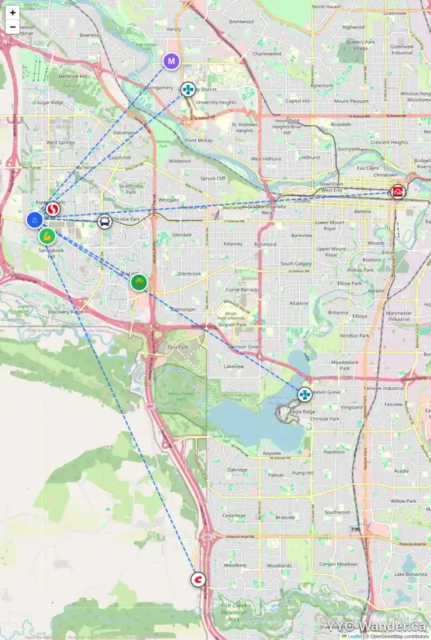Daily accessibility map for 315 ASPEN HILLS VI SW, Calgary showing nearby schools, grocery stores, parks, LRT stations and nearby amenities