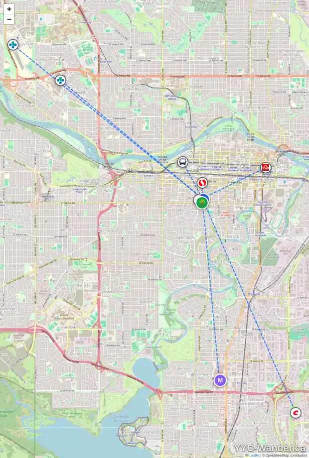 Daily accessibility map for 1106 817 15 AV SW, Calgary showing nearby schools, grocery stores, parks, LRT stations and nearby amenities