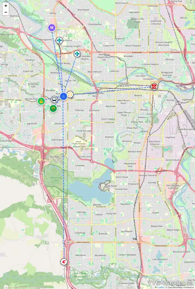 Daily accessibility map for 1431 40 ST SW, Calgary showing nearby schools, grocery stores, parks, LRT stations and nearby amenities