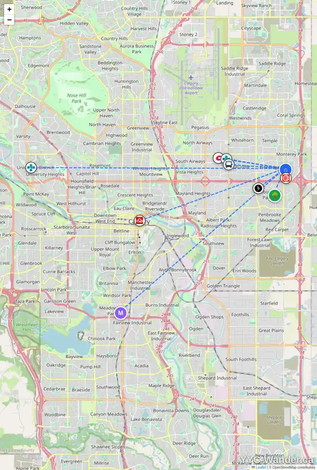 Daily accessibility map for 57 CORONADO PL NE, Calgary showing nearby schools, grocery stores, parks, LRT stations and nearby amenities