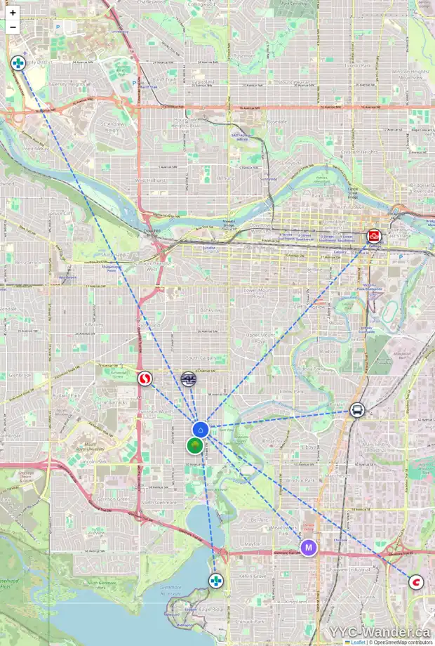 Daily accessibility map for 4417 16A ST SW, Calgary showing nearby schools, grocery stores, parks, LRT stations and nearby amenities