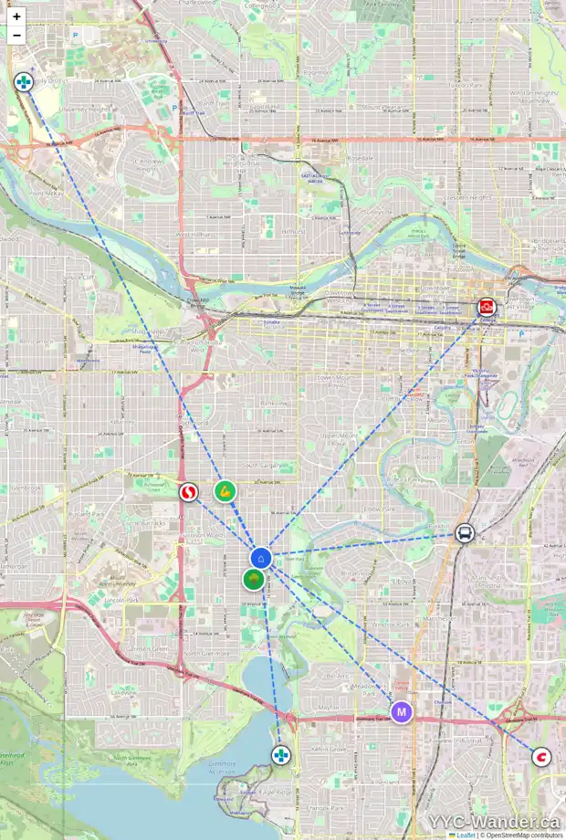 Daily accessibility map for 4415 16A ST SW, Calgary showing nearby schools, grocery stores, parks, LRT stations and nearby amenities