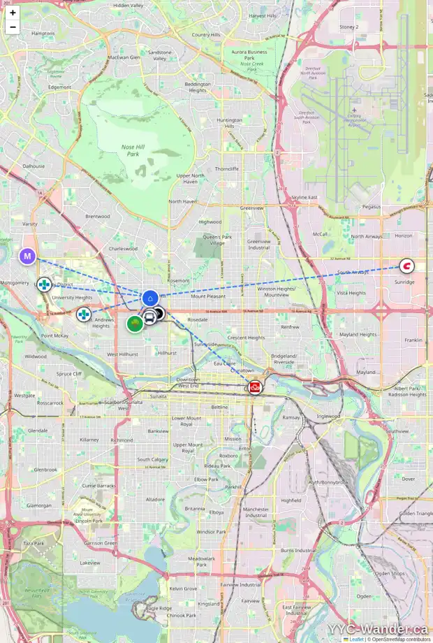 Daily accessibility map for 1824 20 AV NW, Calgary showing nearby schools, grocery stores, parks, LRT stations and nearby amenities