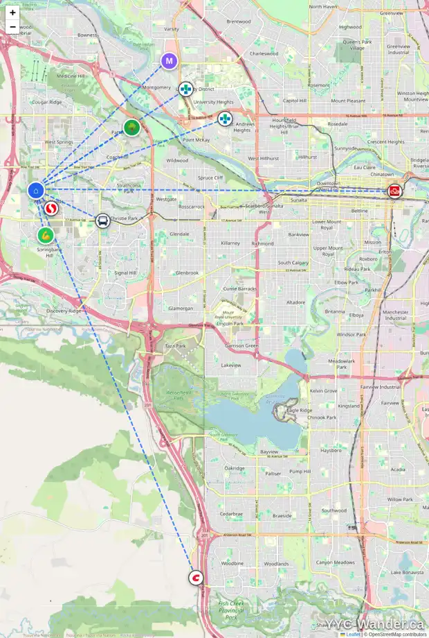 Daily accessibility map for 19 ASPENSHIRE PA SW, Calgary showing nearby schools, grocery stores, parks, LRT stations and nearby amenities