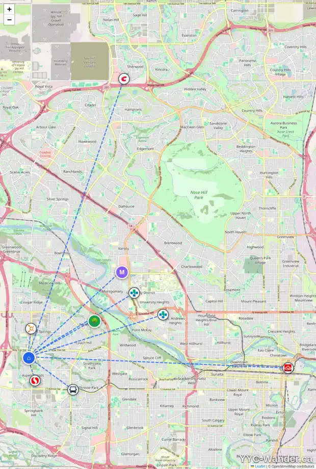Daily accessibility map for 32 ASPENSHIRE CR SW, Calgary showing nearby schools, grocery stores, parks, LRT stations and nearby amenities